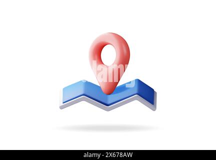 3D cartoon folded map with location pin Stock Vector
