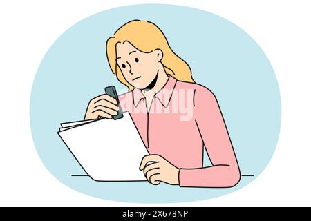 Focused female secretary stapling paperwork in office. Concentrated woman employee busy with organizing paper document at workplace. Vector illustration. Stock Vector