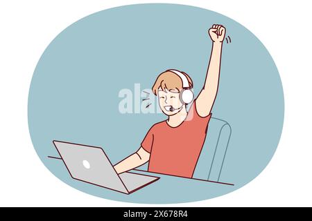 Delighted teen boy sitting at table with laptop playing video game and defeating virtual opponents. Schoolboy in headphones makes victory gesture overjoyed at broken record in internet game Stock Vector