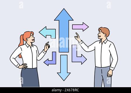 Business team looking for strategic path and solution to achieve success standing near different arrows. Man and woman choose one of options to achieve strategic goals of corporation Stock Vector