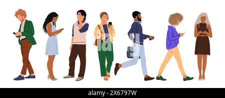 Set of different people using mobile phones. Business men and women holding smartphones, texting, talking, watching news. Group of male, female cartoo Stock Vector