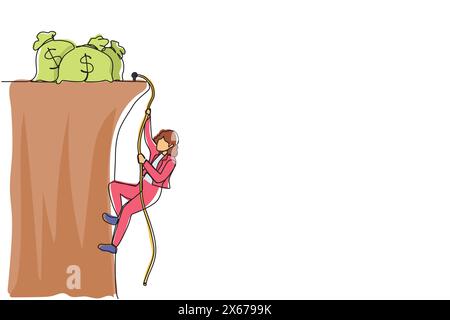 Single continuous line drawing active businesswoman doing rope climbing towards money bag. Climber hanging on rope, pulling himself on top of rocky mo Stock Vector