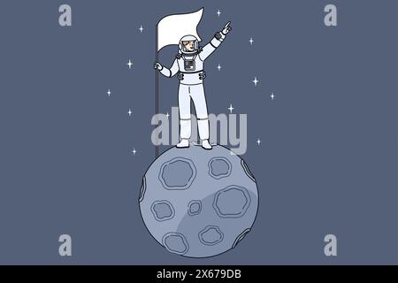 Man astronaut stands on miniature moon in space and holds flag pointing towards endless galaxy. Astronaut guy dressed in spacesuit who was in orbit for first time and went into open cosmos Stock Vector