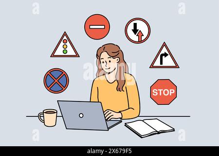 Woman studies traffic rules via laptop, preparing to take theoretical exam to obtain driver license. Girl student sits among road signs, studying traffic rules laws for car drivers Stock Vector