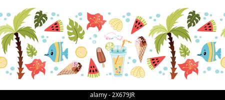 Summer elements border pattern. Vector Colorful cute ornament with palm and ice cream. Flat style for kids wrapping paper, textile, wallpaper, prints, Stock Vector