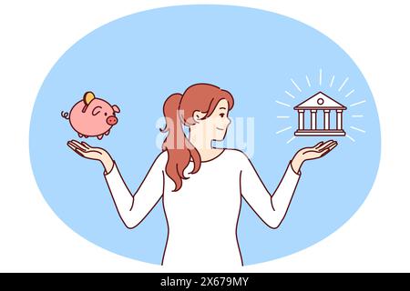 Woman chooses between bank deposit and saving money in piggy bank while planning budget. Financially literate girl makes difficult decision choosing place to save money or invest capital Stock Vector