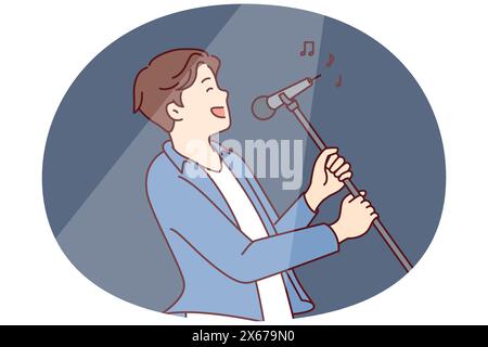 Man pop star sings song leaning back with microphone on tripod in hands during performance at concert. Happy guy performs popular song for own fans while standing in spotlight Stock Vector