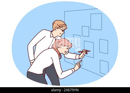 Man and woman are analyzing documents hanging on wall in office together to draw up new startup marketing strategy. Startup employees are working on creating plan to grow business or open branch Stock Vector
