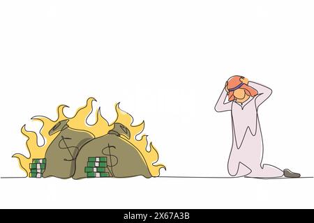 Continuous one line drawing upset Arab businessman kneeling. Finances burning up. Global financial crisis, inflation. Bankruptcy. Inability to do busi Stock Vector