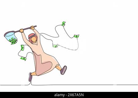 Continuous one line drawing Arab businessman trying to catch flying money with butterfly net. Running entrepreneur man using business opportunity to s Stock Vector