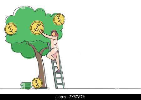 Single one line drawing Arab businessman picking dollars from money tree. Money plant. Business growth, financial success concept. Investment and bank Stock Vector