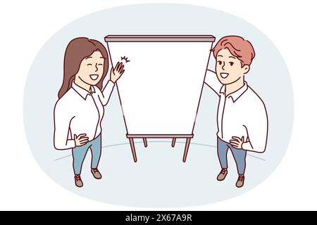 Man and woman office employees stand near empty flipchart carry out business presentation. Top view of guy and girl pointing with hands at sheet of paper for advertising services Stock Vector