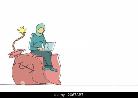 Single one line drawing Arabic businesswoman sitting on huge bomb with burning fuse and money bag. Financial problems, taxation burden or business deb Stock Vector