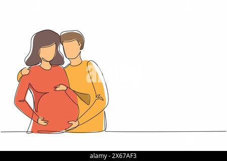 Single continuous line drawing flat illustration about pregnancy and partner birth. Young pregnant woman with husband. Man takes care and hugs his wif Stock Vector