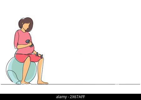 Single one line drawing beautiful young pregnant woman exercises with fitball working out with light weights in the gym. fitness, pregnancy concept. M Stock Vector