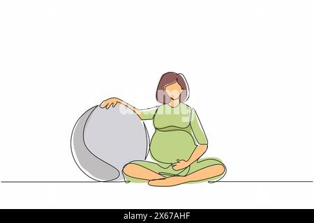 Single continuous line drawing beautiful pregnant woman exercising at home with pilates ball. Pregnant girl in sports suit with fitball. Healthy pregn Stock Vector