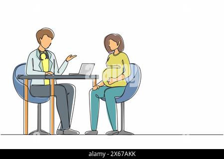 Single continuous line drawing pregnant woman on consultation with doctor. Pregnancy and maternity. Happy female character expecting for baby. Dynamic Stock Vector