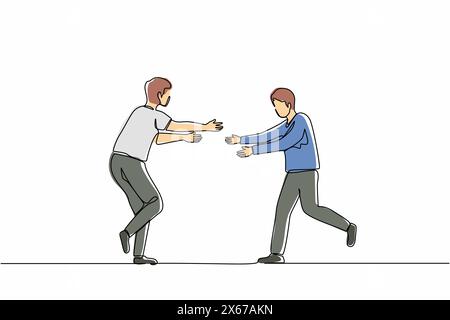 Single continuous line drawing two happy guys run to meet each other. Males embracing and laughing. Meeting of friends. Concept of male friendship. On Stock Vector