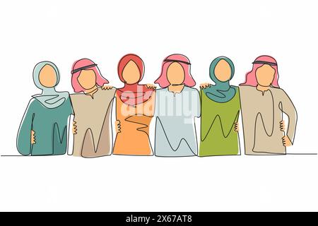 Single continuous line drawing friends forever. Hugging happy friendship with boys and girls standing together. Group of Arab friends, men and women g Stock Vector