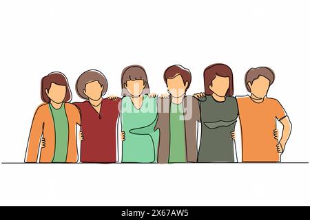 Continuous one line drawing friends forever. Hugging happy friendship with boys and girls standing together. Group of friends, men and women good rela Stock Vector