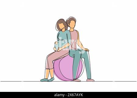 Single one line drawing young expecting parents in yoga class for pregnant women. Man and pregnant woman sitting in gymnasium ball. Paired yoga for pr Stock Vector
