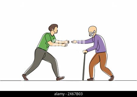 Continuous one line drawing happy man running to meet grandfather. Vacation at grandparents home. Father, senior male, retired, summertime, holiday. S Stock Vector