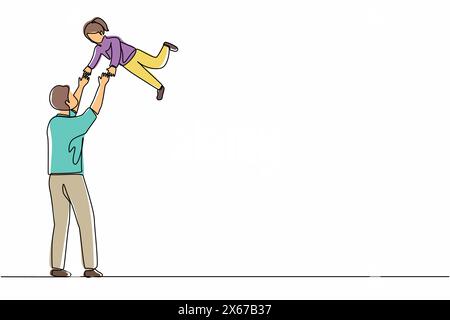 Single one line drawing dad carry his daughter. Father's day in activity, sense of tenderness of children, carrying of love, his child's enjoy flying Stock Vector