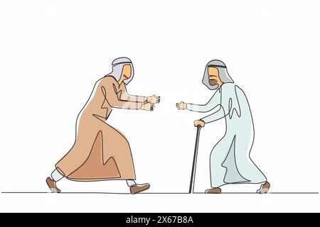Single one line drawing happy Arab man running to meet grandfather. Vacation at grandparents home. Father, senior male, retired, summertime, holiday. Stock Vector
