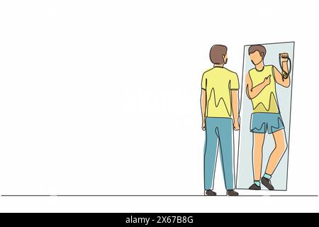 Single continuous line drawing businessman looking at mirror and seeing in reflection of himself with holding gold medal, person overestimate himself, Stock Vector