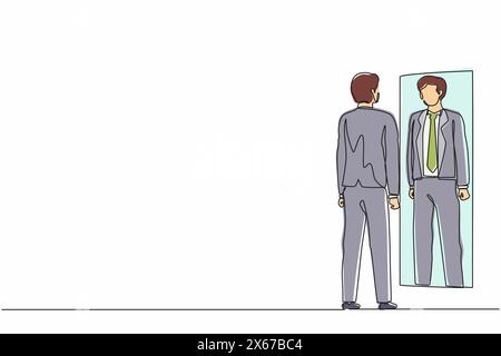 Single one line drawing businessman looks himself in the mirror. Clerk or manager looking at his reflection in mirror and evaluating his attire. Conti Stock Vector