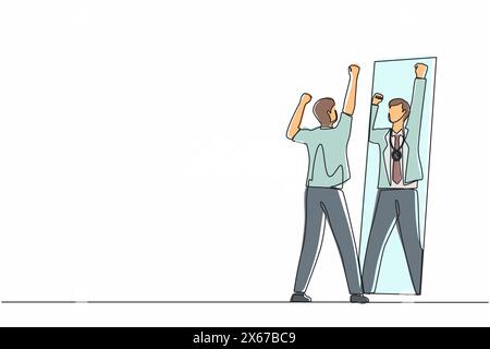Single one line drawing narcissistic businessman looking at mirror and seeing in reflection of himself with gold medal, person overestimate himself, s Stock Vector
