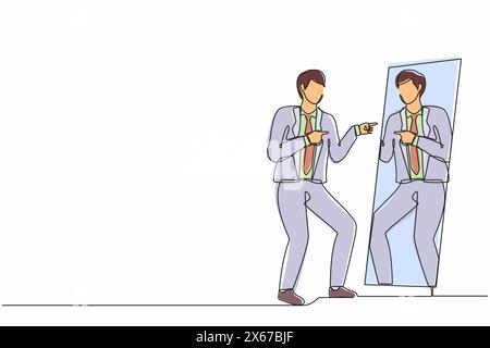 Single one line drawing happy narcissistic businessman looks at mirror. Man self reflection. Narcissism and vanity. Look selfishness, narcissistic and Stock Vector