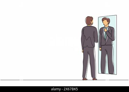 Single continuous line drawing businessman adjusting tie in front of mirror. Man checking his appearance in mirror. Male manager looking himself in mi Stock Vector