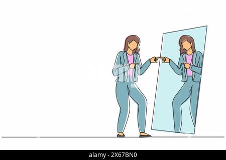 Single continuous line drawing happy narcissistic businesswoman looks at mirror. Woman self reflection. Narcissism and vanity. Look selfishness, narci Stock Vector