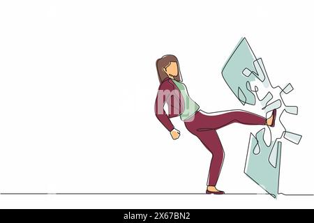 Single continuous line drawing businesswoman kicked the mirror and shattered it. Breaking impossible barrier. Business motivation, breakthrough concep Stock Vector
