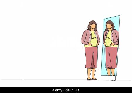 Continuous one line drawing businesswoman standing in front of mirror and see herself getting big belly with holding her stomach. Oversized and obesit Stock Vector