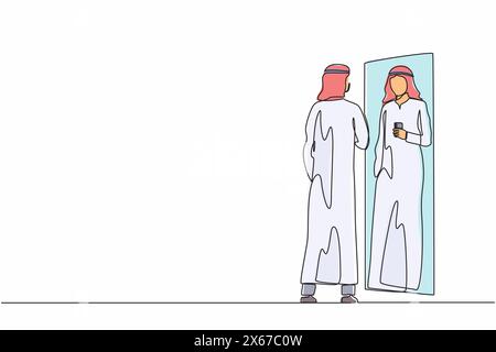 Continuous one line drawing Arab businessman wearing Arabian clothes making selfie in stand in front of mirror. Man taking selfie. Addiction on smartp Stock Vector