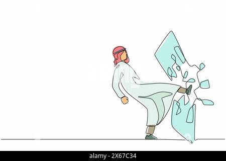 Single one line drawing Arabian businessman kicked mirror and shattered it. Breaking impossible barrier. Business motivation, breakthrough concept. Co Stock Vector