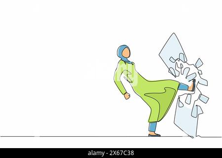 Continuous one line drawing Arab businesswoman kicked the mirror and shattered it. Breaking impossible barrier. Business motivation, breakthrough conc Stock Vector