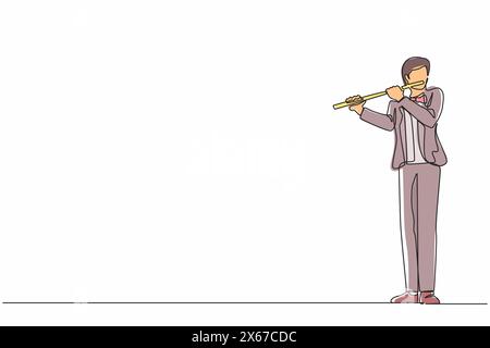Continuous one line drawing male musician playing flute, standing in suit. Flutist performing classical music on wind instrument. Solo performance of Stock Vector