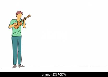 Single continuous line drawing joyful guy playing on ukulele and singing having fun. Male musician holding small guitar and singing. Man play on music Stock Vector