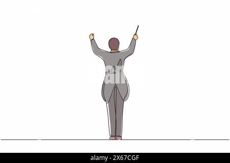 Single continuous line drawing back view of man conductor performing on stage, male musician in tuxedo directing classic instrumental symphony orchest Stock Vector