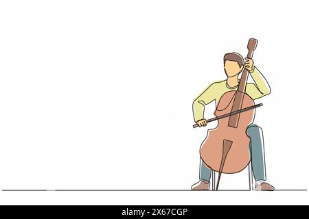 Single one line drawing young male performer playing on contrabass. Cellist man playing cello, musician playing classical music instrument. Continuous Stock Vector