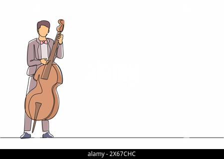 Continuous one line drawing double bass player standing with big string instrument. Man musician playing classical music with fingers. Professional co Stock Vector
