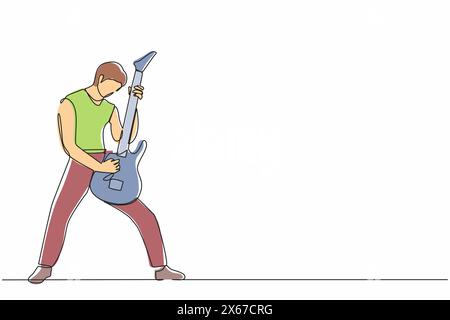 Continuous one line drawing young male musician playing electric guitar. Man practicing in playing guitar. Guitarist perform playing music instrument Stock Vector