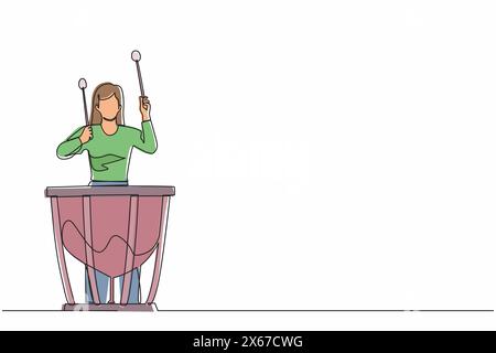 Continuous one line drawing female percussion player play on timpani. Woman performer holding stick and playing musical instrument. Musical instrument Stock Vector