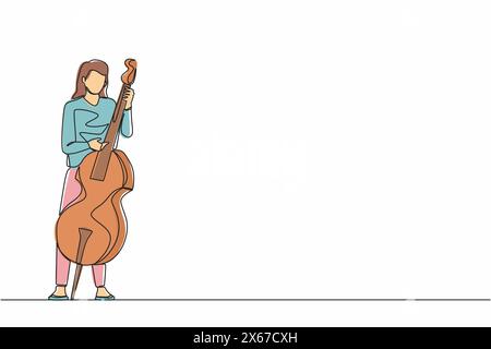 Continuous one line drawing double bass player standing with big string instrument. Woman musician playing classical music with fingers. Professional Stock Vector