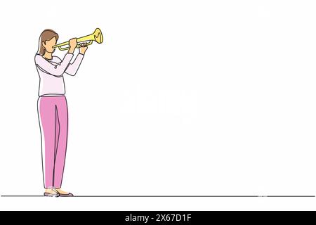 Single one line drawing woman playing trumpet. Music instrumental. Jazz musician playing trumpet instrument. Trumpet player. Orchestra performer. Musi Stock Vector