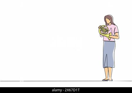 Continuous one line drawing female musician in blazer performing classic melody on French horn. Instrumentalist playing music on brass instrument. Wom Stock Vector