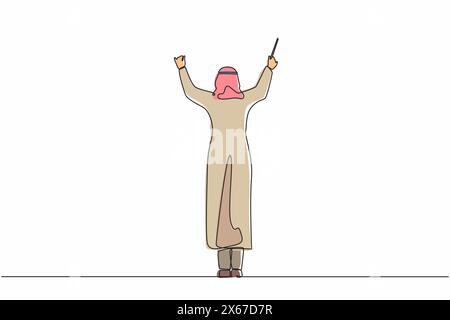 Continuous one line drawing back view of Arab man conductor performing on stage, male musician in tuxedo directing classic instrumental symphony orche Stock Vector